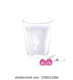 Glass water drink clean pills raspberries tablet dissolved in water vector