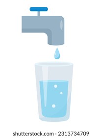 Vidrio de agua. Agua potable. Vidrio transparente lleno de agua fría aislado sobre fondo blanco. Ilustración vectorial.