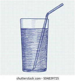 Glass of water with drinking straw. Hand drawn sketch. Vector illustration on notebook sheet background