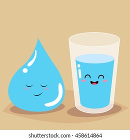  Glass of water and drop water with the inscription drink more water. Vector illustration.