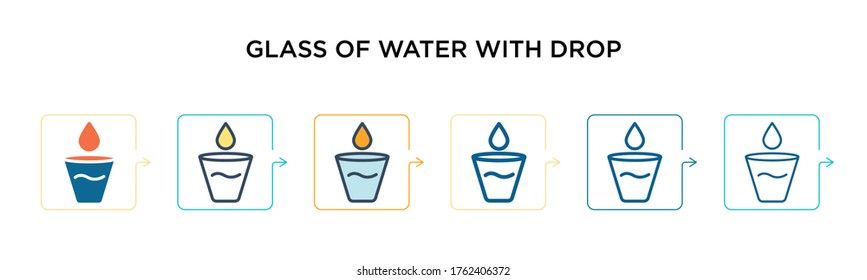 Glass of water with drop vector icon in 6 different modern styles. Black, two colored glass of water with drop icons designed in filled, outline, line and stroke style. Vector illustration can be