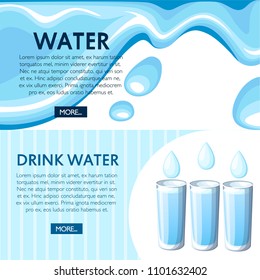 Glass of water. Water drops in glass. Aqua splash. Flat style vector illustration on white background. Place for your text. Website page and mobile app design.