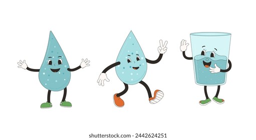 Glass and water drops retro cartoon mascots. Drink rubber hose groovy characters. Beverage cute anthropomorphic. Ecologic and wellness vector flat illustration isolated on white background.