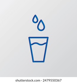 Glass with water, water drops simple icon vector. Flat design. Paper cut design. Cutted blue symbol with shadow. Gray background.ai