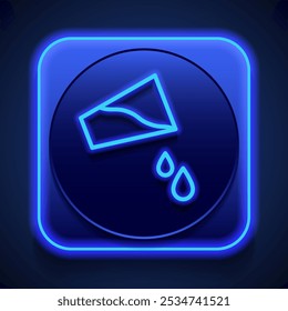 Glass with water and water drops simple icon vector. Flat design. Blue neon style on button. With shadow.ai
