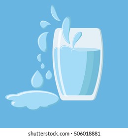 Glass of water with water drops and splashes isolated on blue background. Glass of fresh spring drinking water. Vector illustration in flat style. 