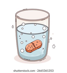Glas Wasser mit Brausetablette Auflösung unten, Blasen steigen auf. Brausetablette Auflösen in Glas Wasser. Illustration, handgezeichnet, einzeln auf weißem Hintergrund.
