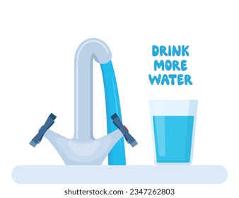 Vidrio de agua y agua fluye del grifo. salpicar agua. Beba más agua. Ilustración del vector