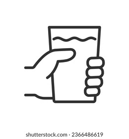 A glass of water in hand, linear icon. Line with editable stroke