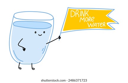 A glass of water holds a flag with the slogan Drink more water. Cheerful cute character