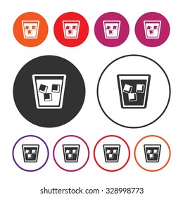 Glass of water with ice cube. Beverage icon. Button. Vector illustration