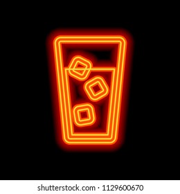glass of water with ice cubes icon. Orange neon style on black background. Light icon