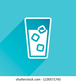 glass of water with ice cubes icon. Gray icon with long shadow in bottom left corner on blue background