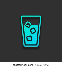 glass of water with ice cubes icon. Colorful logo concept with soft shadow on dark background. Icon color of azure ocean