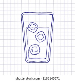 glass of water with ice cubes icon. Hand drawn picture on paper sheet. Blue ink, outline sketch style. Doodle on checkered background
