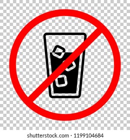 glass of water with ice cubes icon. Not allowed, black object in red warning sign with transparent background