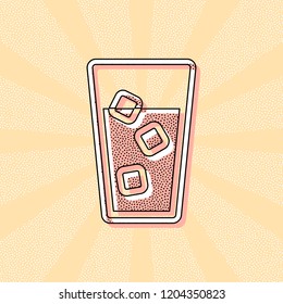 glass of water with ice cubes icon. Vintage retro typography with offset printing effect. Dots poster with comics pop art background