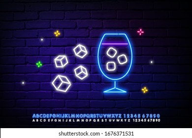 glass of water with ice cubes icon. Neon style. Light decoration icon. Bright electric symbol