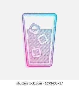 glass of water with ice cubes icon. Colored logo with diagonal lines and blue-red gradient. Neon graphic, light effect