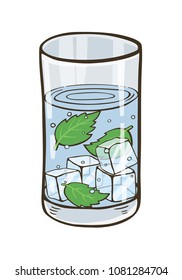 Glass of water with ice cubes and mint. Refreshing cocktail.