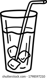 Glass of water with ice cubes and a straw. Glass of Lemonade. Hand drawn outline doodle picture. Vector sketch illustration of water glass.