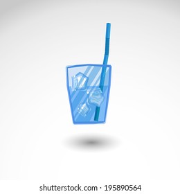 Glass of water with ice flatl vector icon illustration isolated background