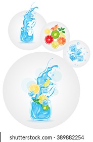 glass of water, ice water, Water with Lemon, Fruit cocktail, citrus, vector illustration
