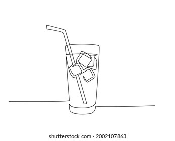 Glass of water with ice, old drink with a straw for drinking. Continuous one line drawing. Vector illustration