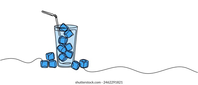 Glass of water with ice, old drink with a straw for drinking. Continuous one line drawing. Vector illustration