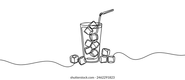 Glass of water with ice, old drink with a straw for drinking. Continuous one line drawing. Vector illustration