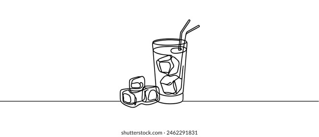 Glass of water with ice, old drink with a straw for drinking. Continuous one line drawing. Vector illustration