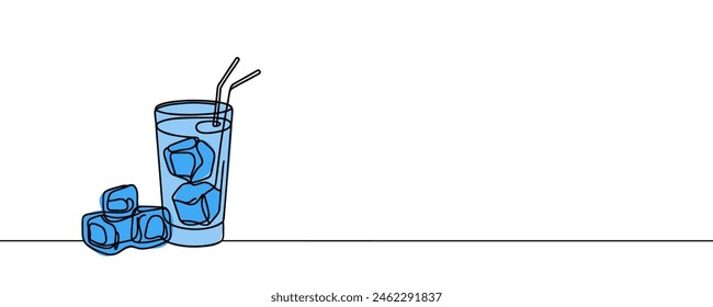 Glass of water with ice, old drink with a straw for drinking. Continuous one line drawing. Vector illustration