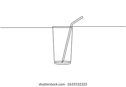 Glass of water with ice, old drink with a straw for drinking, Drink Glass with ice cubes. Cocktail with straw line art style icon. Continuous line drawing vector illustration.