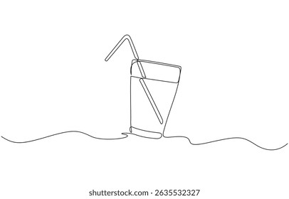 Glass of water with ice, old drink with a straw for drinking, Drink Glass with ice cubes. Cocktail with straw line art style icon. Continuous line drawing vector illustration.