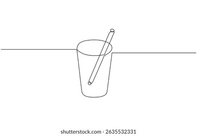 Glass of water with ice, old drink with a straw for drinking, Drink Glass with ice cubes. Cocktail with straw line art style icon. Continuous line drawing vector illustration.