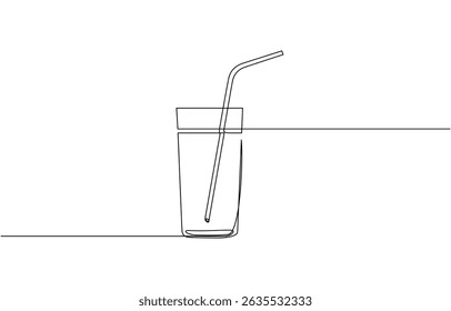 Glass of water with ice, old drink with a straw for drinking, Drink Glass with ice cubes. Cocktail with straw line art style icon. Continuous line drawing vector illustration.