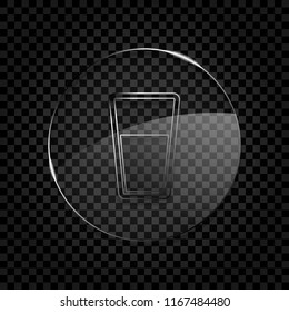 glass of water icon. Icon in circle glass bubble on dark transparent grid. Glass style