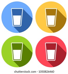 glass of water icon. Set of white icons with long shadow on blue, orange, green and red colored circles. Sticker style