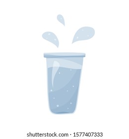 Glass of water. Isolated flat vector illustration on white background. Hand drawn liquid and spray. Color drink icon. Clip art for food theme. Cartoon blue image