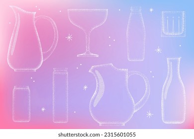 Glaswasser. Jug, Glas, Pitcher, Vase oder Plastiktopf, durchsichtige Silhouette, strukturiert. Vektorgrafik-Symbole