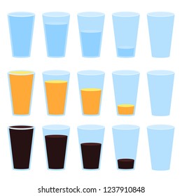 Glass of water, juice and soda isolated vector illustration on white background.