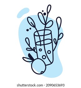Glass of water with leaves and apple, doodle black line style on blue, isolated on white background. Daily healthy lifestyle design.