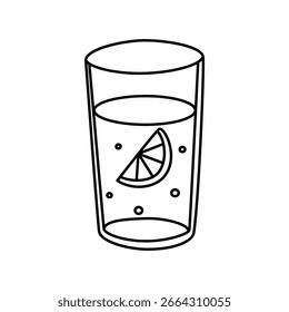 Glass with water and lemon slice, hand drawn style, black and white vector, minimal line art, perfect for healthy lifestyle, hydration, cafe menu, restaurant, summer design projects