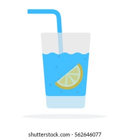 Glass of water with lemon and straw vector flat material design object. Isolated illustration on white background.