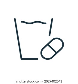 Glass of Water and Medical Pills Line Icon. Capsule of Painkiller or Vitamin Linear Pictogram. Medicine drug and Glass of Water Outline Icon. Editable Stroke. Isolated Vector Illustration.