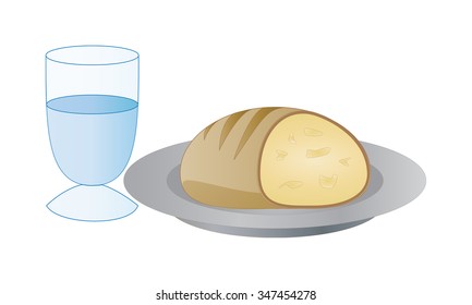 A glass of water and a metal plate with some bread, symbols of fasting, Lent season. Vector illustration EPS 10, with transparency and gradients.