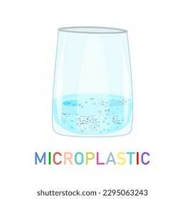 Glas mit Wasser und Mikroplastik auf weißem Hintergrund. Wasser mit Mikro-Kunststoffen verunreinigt. Schadstoffe im Wasser aufspüren.Verschmutzte Ozeane.Trinkwasserverschmutzung.Vektorgrafik