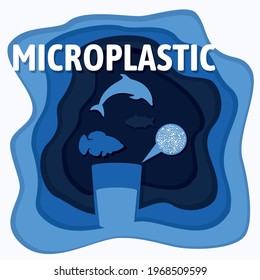 Glass of water with microplastic particles. Micro beads problem concept paper cut style. Ecology problem with world ocean pollution. Vector illustration. 