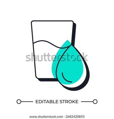 Glass of water offset shadow line icon. Purified drinking liquid for healthy lifestyle. Importance of hydration. Bold outline symbol with solid green fill. Modern flat illustration. Editable stroke