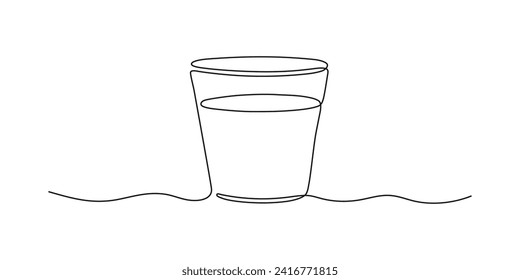 Glass with water, one continuous line drawing. Glass with beverage, drink. Black simple minimalism line. Vector outline illustration